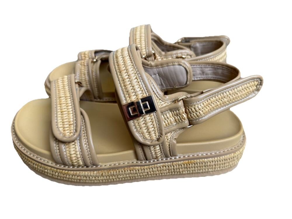 Womens Platform Sandals Size 8 Beige Raffia Woven Adjustable Strappy Boho